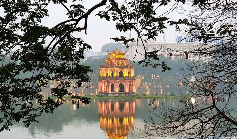 Hoan Kiem Lake and the Turtle Tower - emblematic symbol of Hanoi and Vietnam