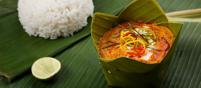 The amok, symbol of Cambodian cuisine, served in its banana leaf.