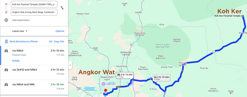 the distance from angkor wat to koh ker