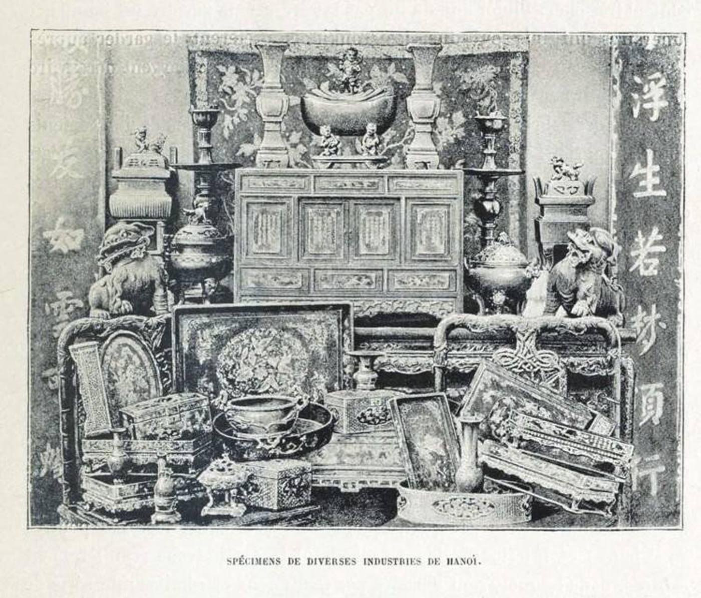 Some types of artistic worship items in Hanoi. Illustration taken from the book 'A Campaign in Tonkin' by Édouard Hocquard, Paris, 1892