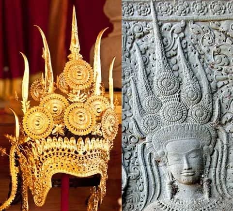 The headdress in the Apsara dance is an emblematic element inspired by the sculptures of Angkor