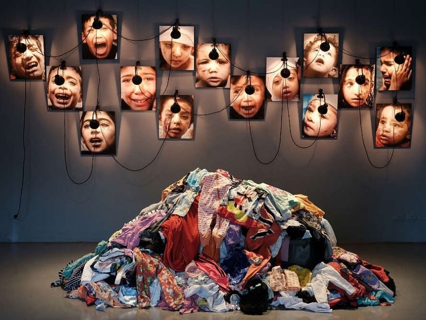 Contemporary artwork from the Bangkok Art Biennale displayed at a Bangkok temple