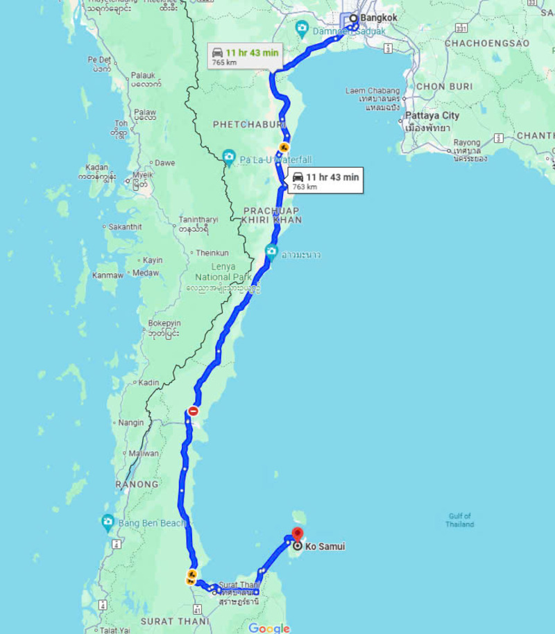 Map showing the route from Bangkok to Koh Samui