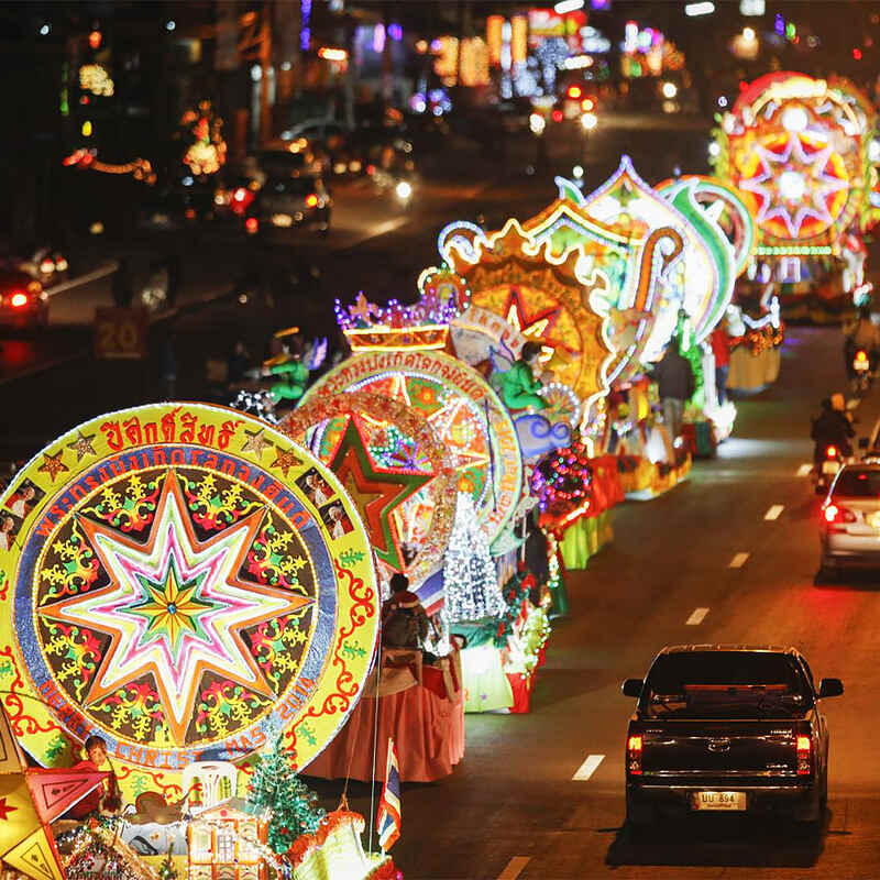 Illuminated star floats during the Christmas Star Parade in Sakon Nakhon