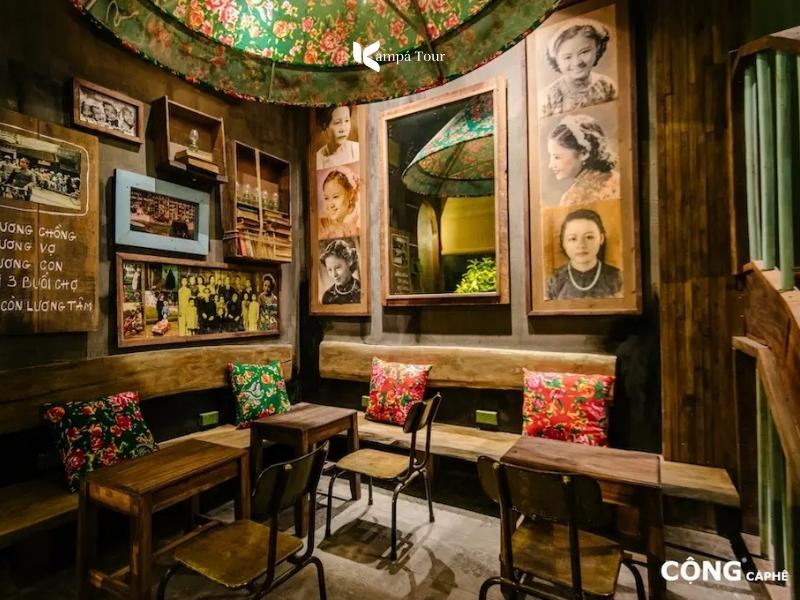 Cộng Cà Phê branch with retro decor and military overtones