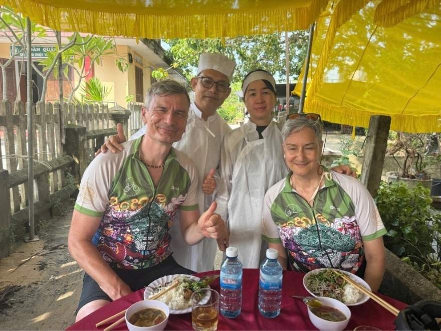Relatives preparing tea for visitors at a Vietnamese funeral