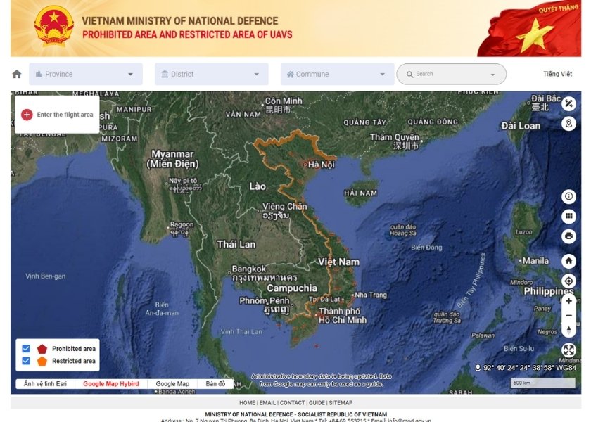 Map of areas in Vietnam where drone flights are permitted and prohibited.