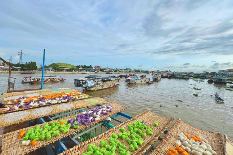 Hu tieu noodles drying by the river, a characteristic landscape of Cai Rang Floating Market