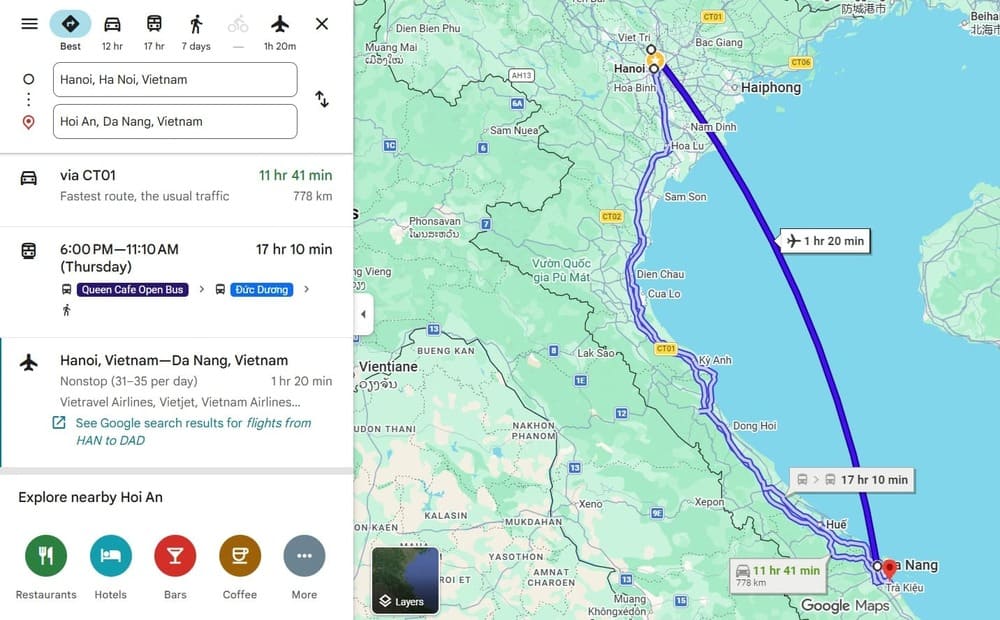 Route map from Hanoi to Hoi An via Da Nang