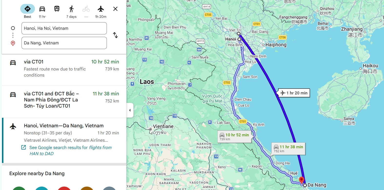 Route map from Hanoi to Da Nang along Vietnam's coast
