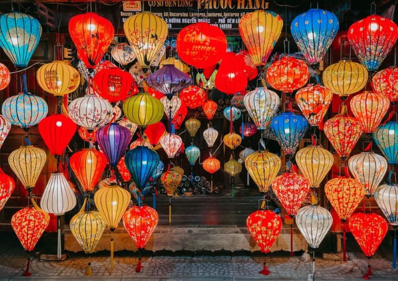 Colorful lanterns are hung throughout the old town