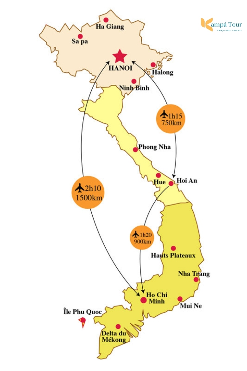 The distance and times of air transfer between the major sites in Vietnam