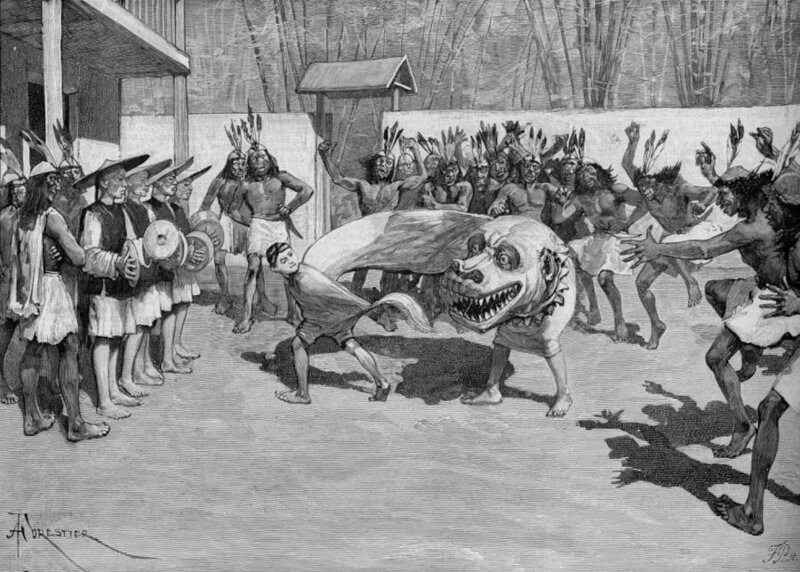 19th-Century Illustration of a Lion Dance Watched by Chinese Immigrants and Taiwanese Indigenous People