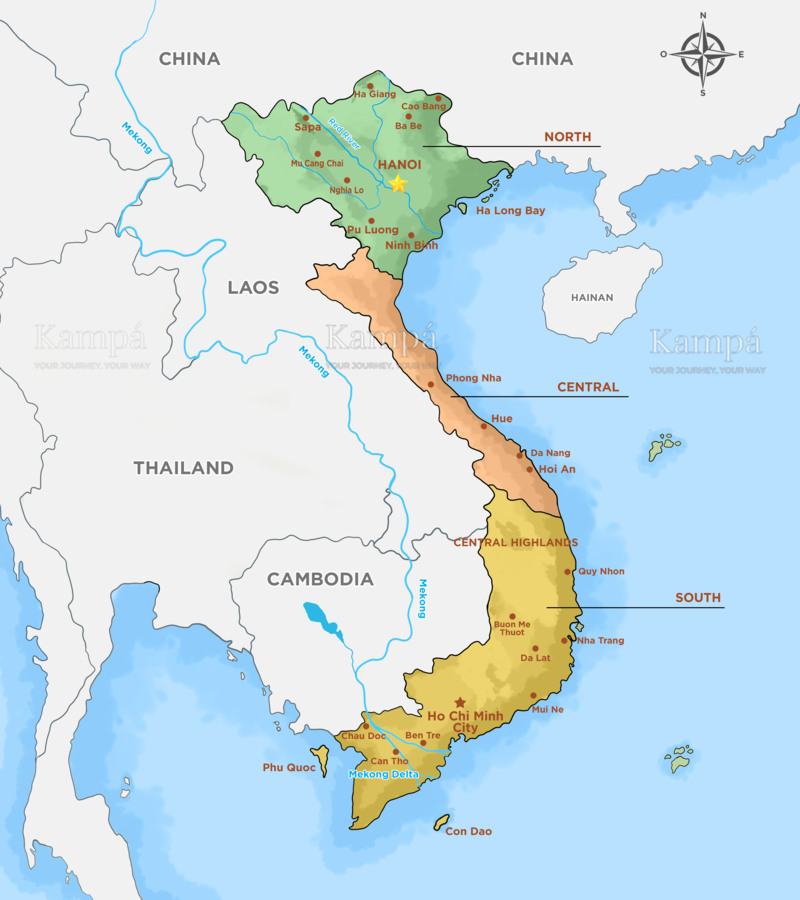 Vietnam is divided into three distinct regions: the North, the Centre and the South