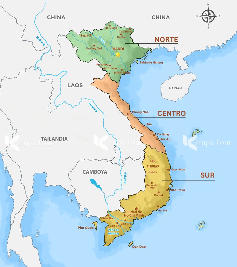 mapa de 3 regiones de vietnam