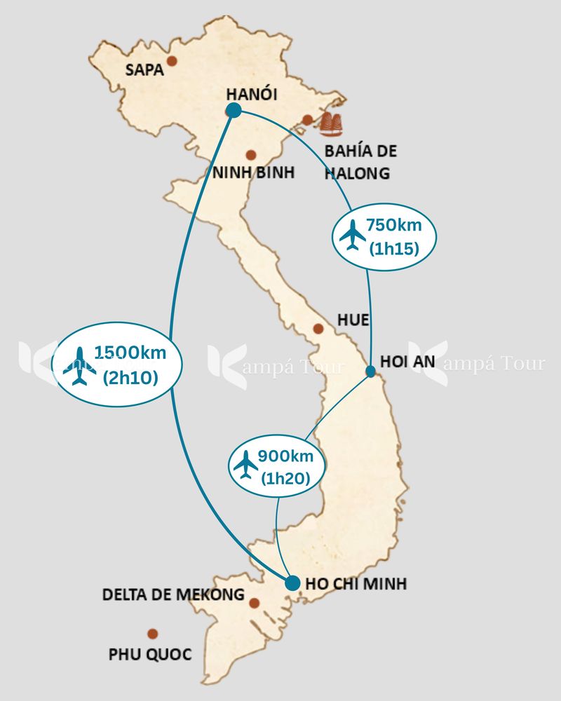 mapa vietnam distancia entre 3 regiones