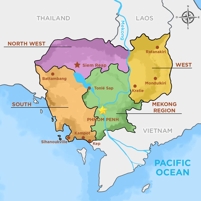 Cambodia is bounded by Vietnam, Laos, Thailand, and the East Sea