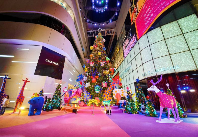 Christmas trees and decorations in a shopping mall in Bangkok, Thailand