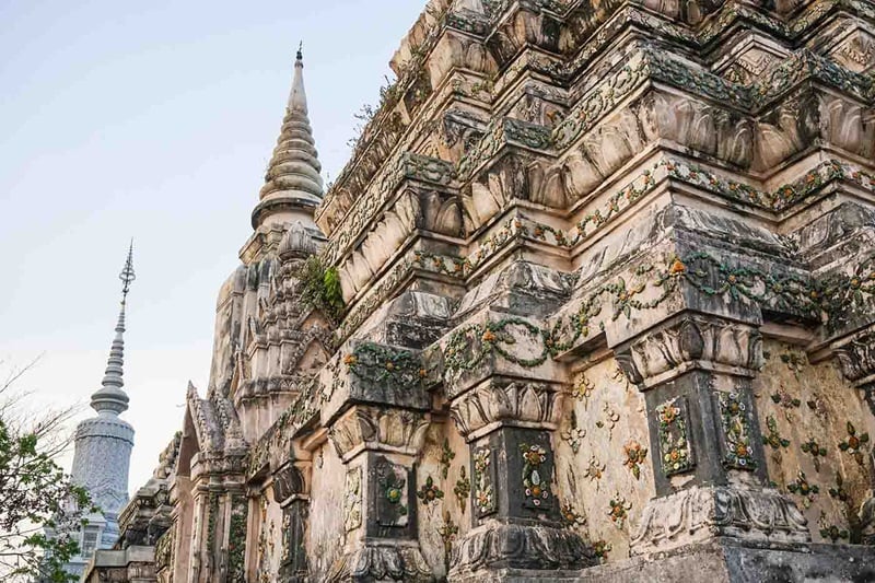 The sculptural details and impressive architecture of the temples of the ancient capital Oudong.