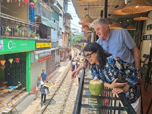 customers posing for train street