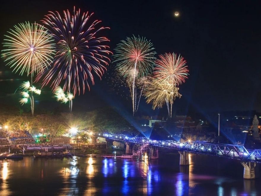 Evening light and sound show at the River Kwai Bridge in Kanchanaburi