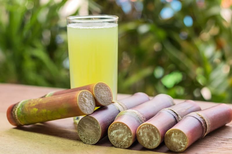 Sugarcane juice is squeezed from the cane stem.