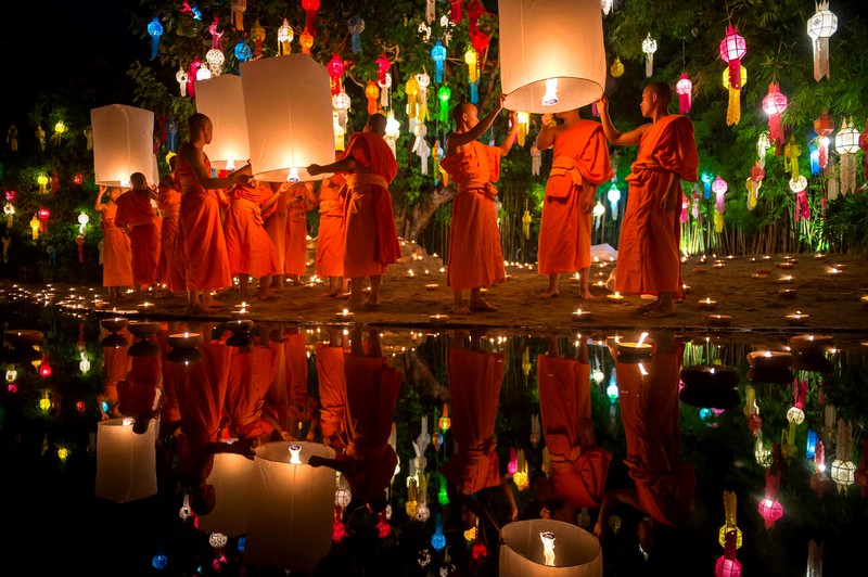 Monks participating in the Yi Peng festival in Chiang Mai