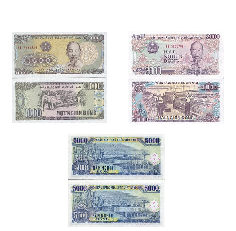 From left to right and descending, the denominations are 1,000, 2,000, and 5,000 Vietnamese Dong