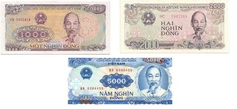 From left to right and descending, the denominations are 1,000, 2,000, and 5,000 Vietnamese Dong