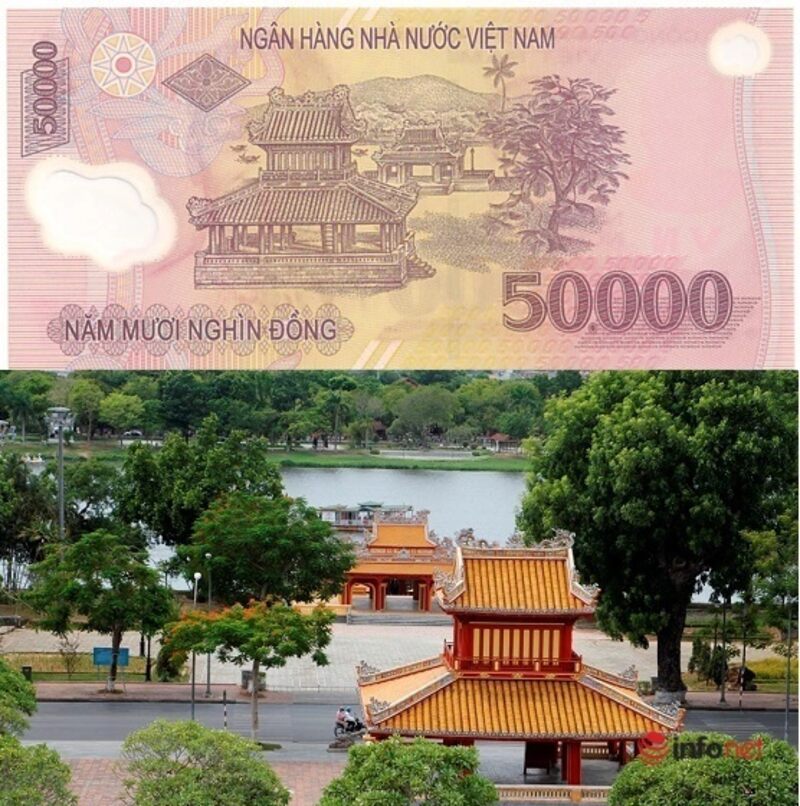 The back of the 50,000 VND bill depicts a realistic sketch of a historical relic that still stands today