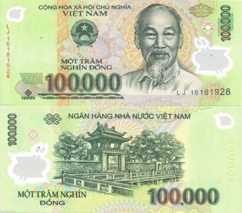 The 100,000 note with the image of the Temple of Literature