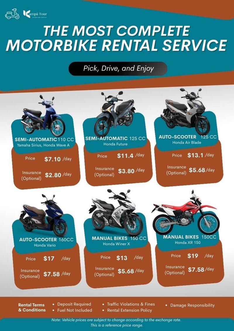 Price list of motorbikes for rent in Vietnam