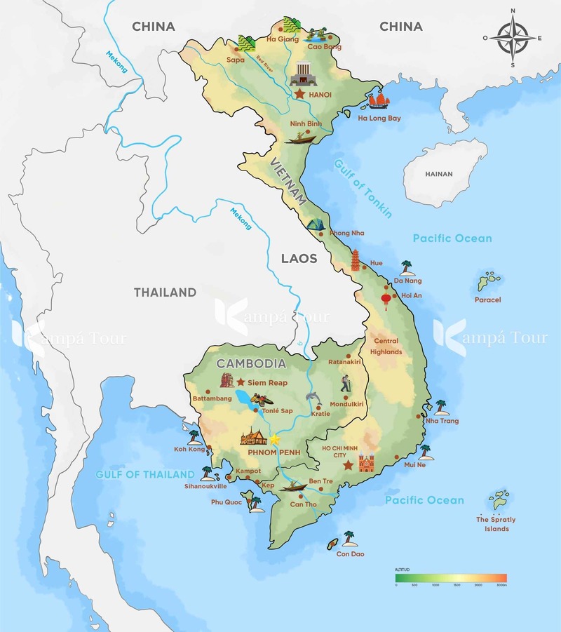 Vietnam and Cambodia Tourist Map