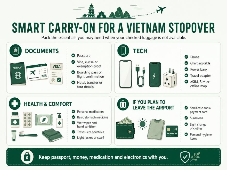 Infographic checklist of carry-on essentials for a Vietnam stopover