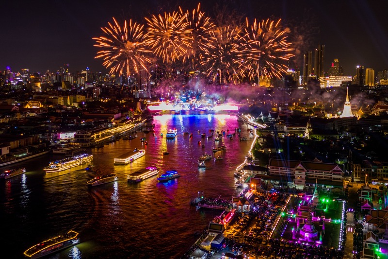 The Chao Phraya River shines brightly during the festival.