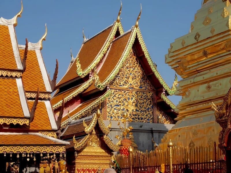 The architecture of northern Thailand, influenced by Lanna culture, is fully expressed at Wat Phra That Doi Suthep.