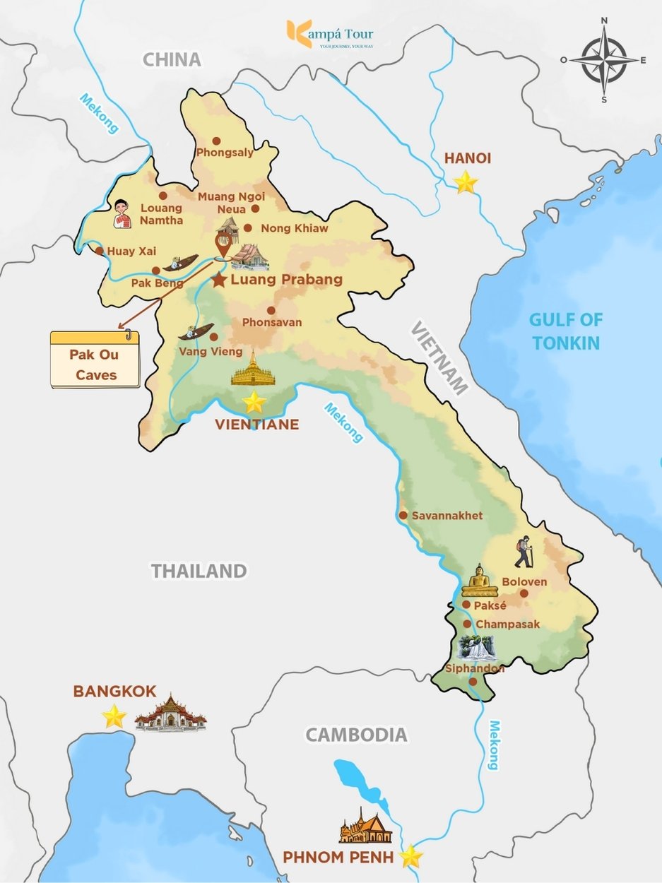 Map showing Pak Ou caves very close to Luang Prabang, Laos