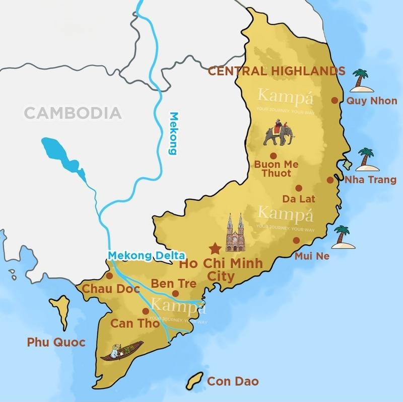 The map of Southern Vietnam and its tourist sites.