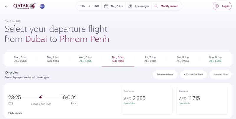 departure flight from Dubai to Phnom Penh