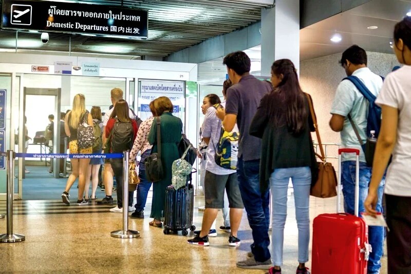 The queue at Krabi Airport, Thailand