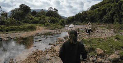 The trekking trail offers remarkable diversity, including crossing small streams