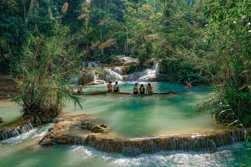 Kuang Si Falls, a beautiful glistening waterfall southwest of Luang Prabang