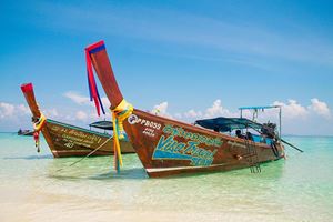 Longtail boats anchored in the crystal-clear waters of Phi Phi Islands, a tropical haven near Phuket.