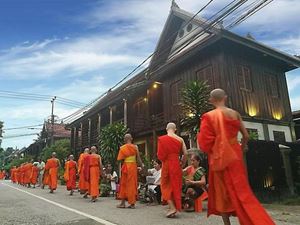 La tradicional ceremonia de ofrenda a los monjes, Laos